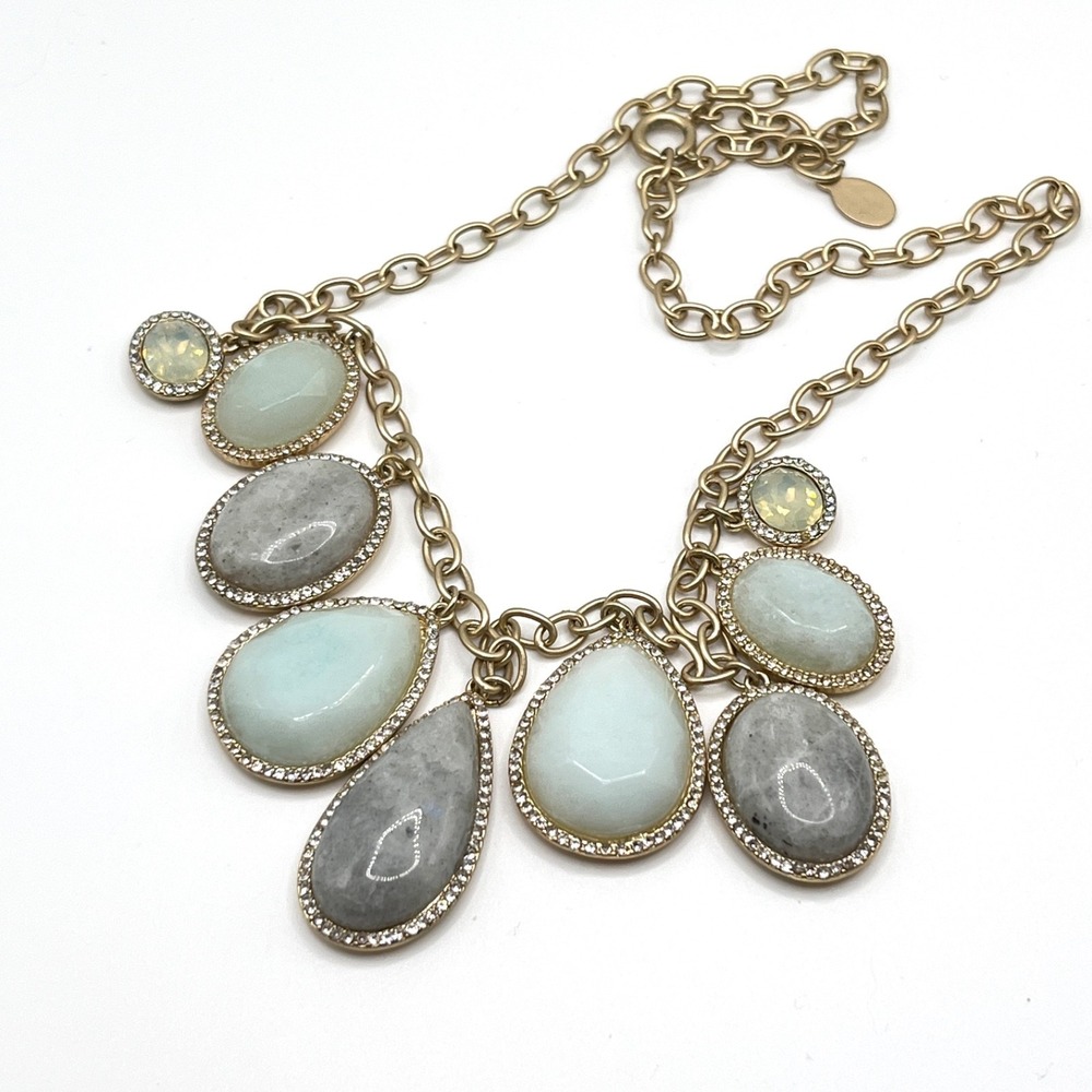 Vintage LOFT Gold Tone Teardrop Gray Green Genuine Stones 18" Necklace